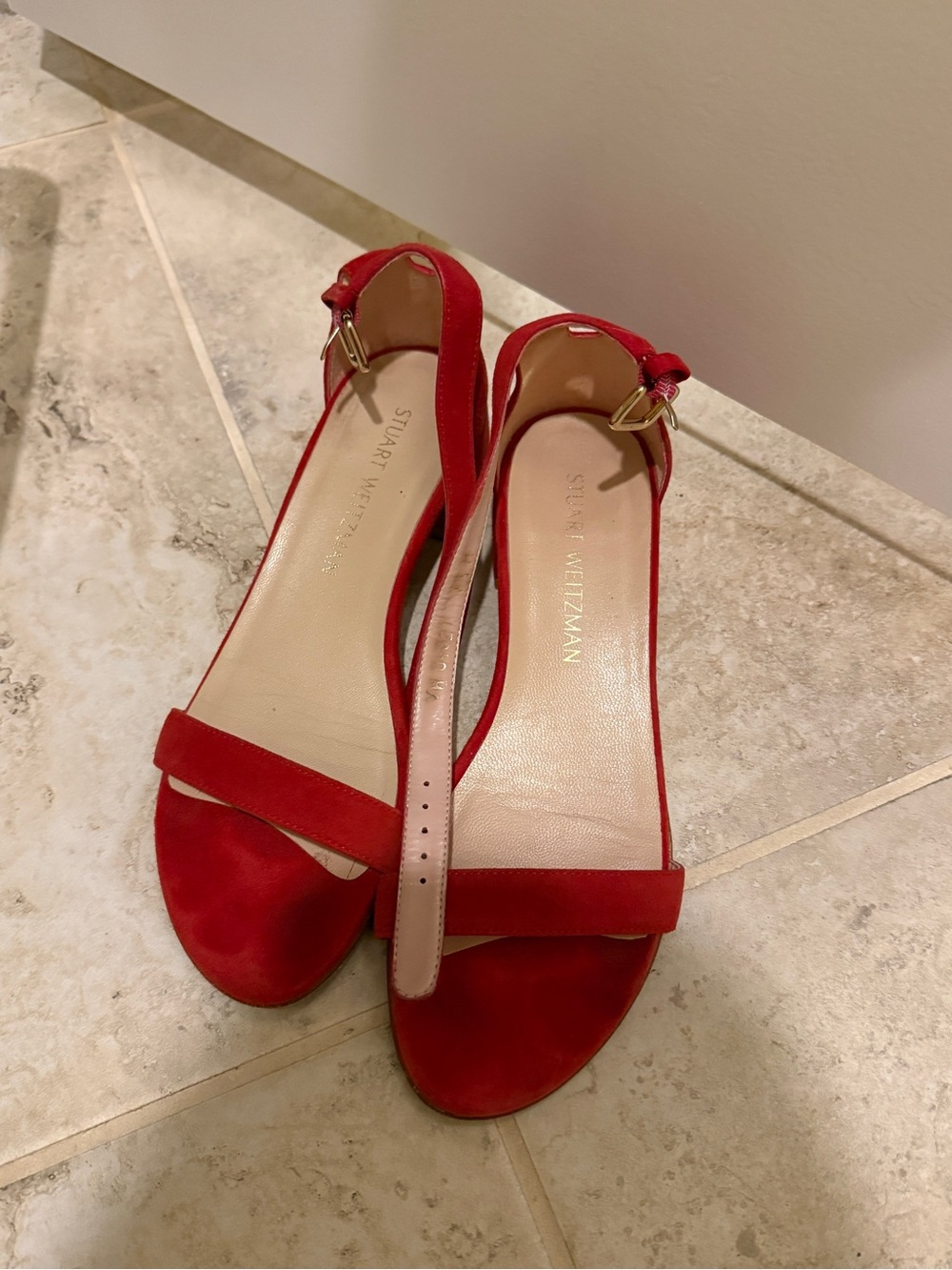 Stuart Weitzman Red Suede Open-Toe Ankle-Strap Sandals
